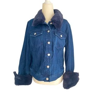 J. Crew Classic Denim Cotton Jean Faux Fur Blue Jacket Large